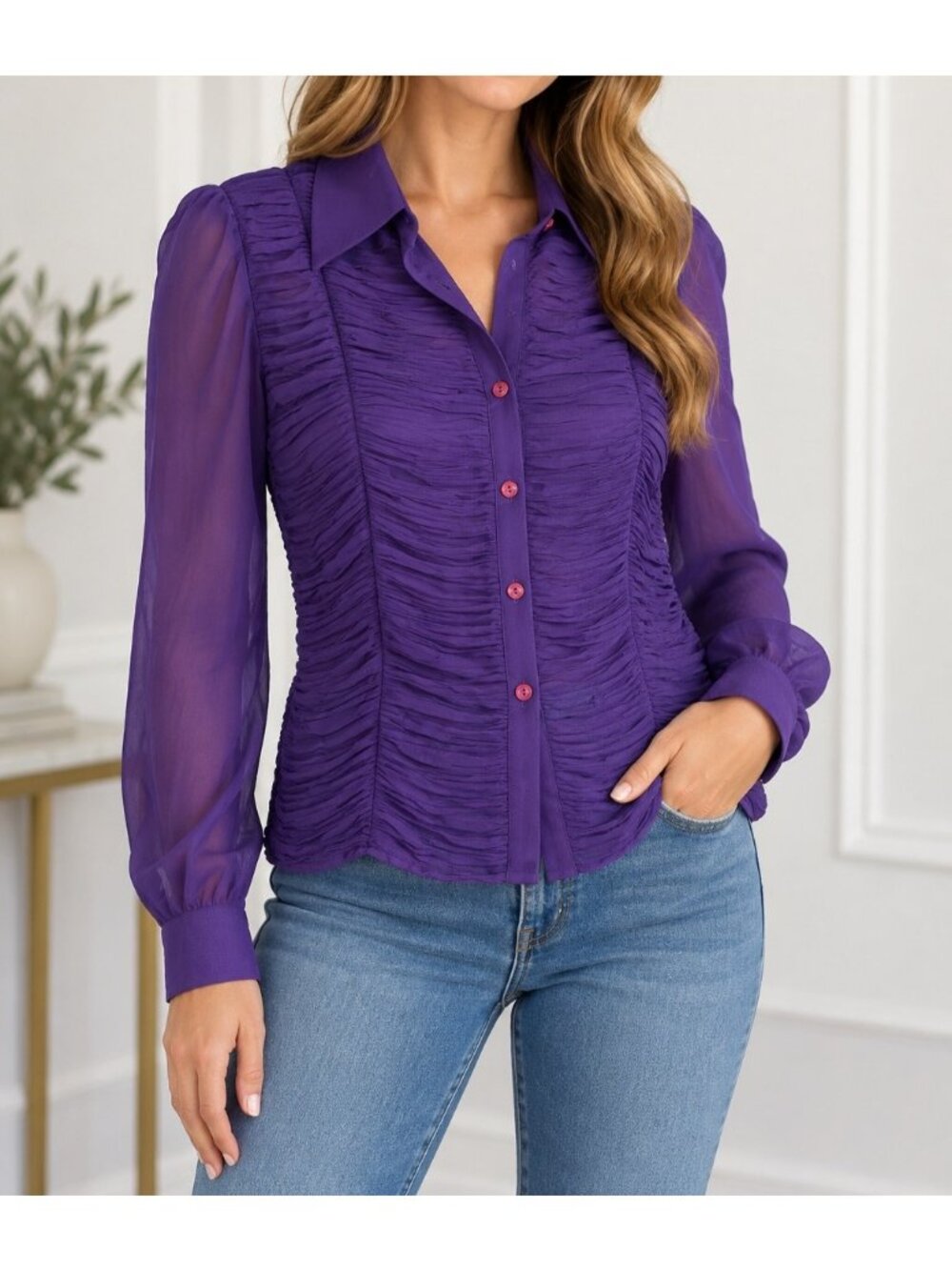 Emma Black Purple Ruched Sheer Blouse Long Sleeve Button Front